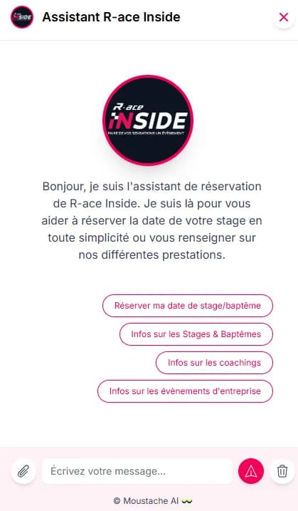 Agent de réservation R-ace Inside : boutons pour réserver une date, s'informer sur les stages, les coachings et les événements d'entreprise