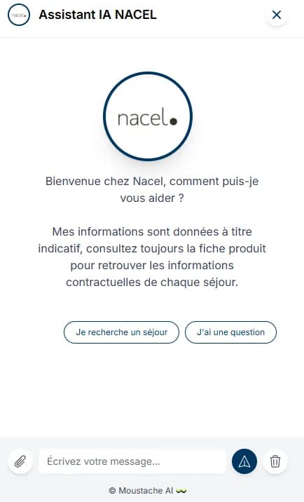 Assistant IA Nacel : message d'accueil et boutons « Je recherche un séjour » et « J'ai une question »