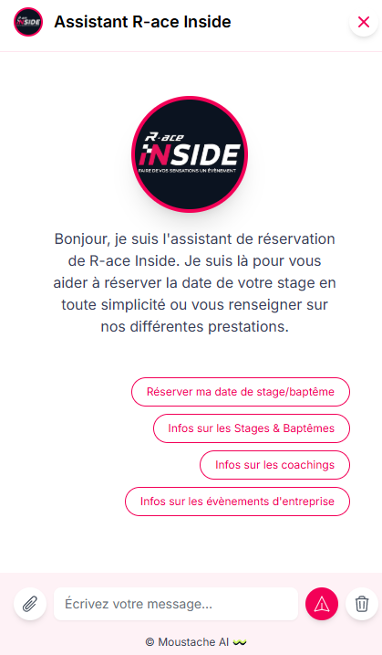 Agent IA de réservation Race Inside — Moustache AI