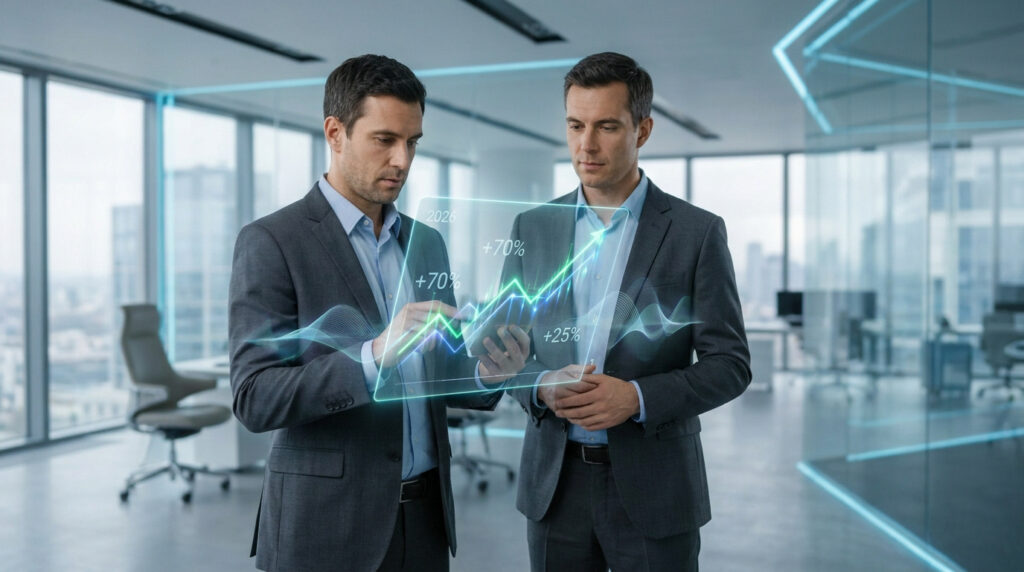 Deux hommes d'affaires analysent des données de croissance holographiques dans un bureau moderne.