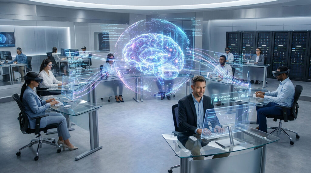 Équipe travaillant dans un centre technique moderne avec une projection holographique d'un cerveau numérique centralisé.