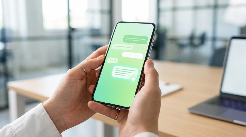 Mains tenant un smartphone avec des bulles de discussion sur un écran vert dans un bureau.