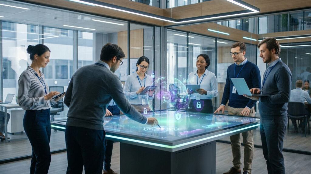Équipe travaillant autour d'une table interactive affichant une interface holographique 3D de données et de sécurité IA.