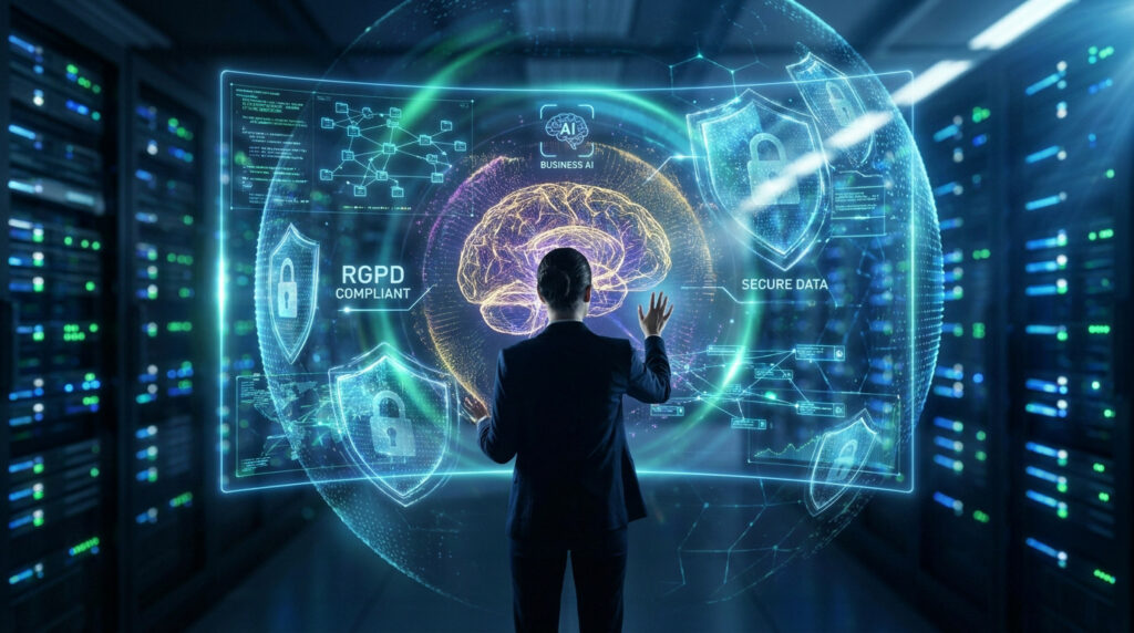 Une professionnelle interagissant avec une interface holographique représentant la sécurité des données et l'IA.