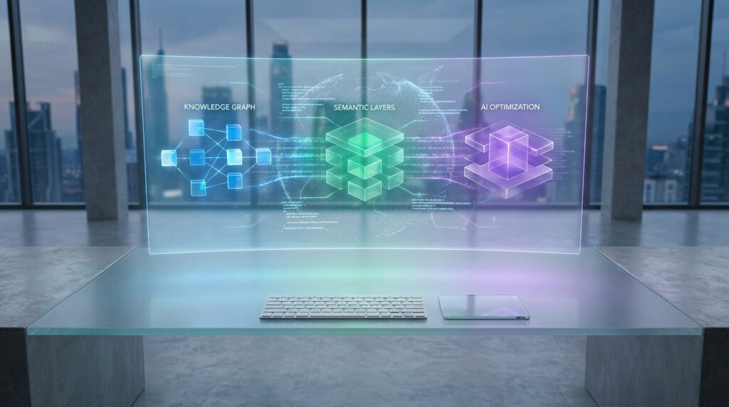 Interface futuriste affichant des graphes de connaissances et couches sémantiques pour l'optimisation IA dans un bureau.