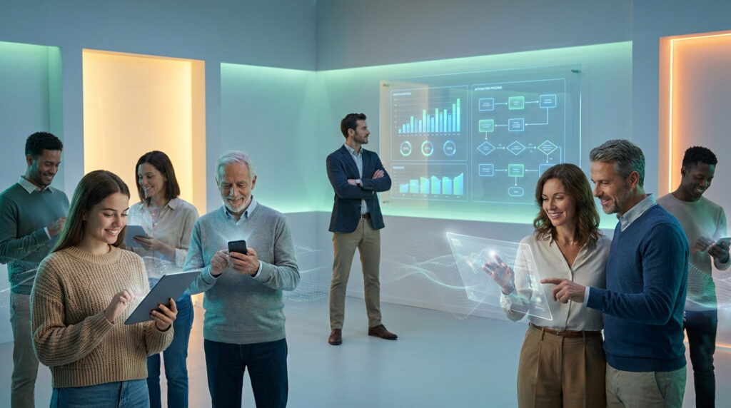 Divers professionnels utilisant des tablettes et des interfaces holographiques devant un tableau de bord de données.