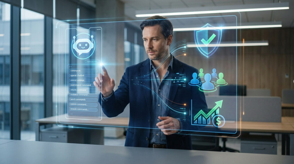 Un professionnel interagit avec une interface holographique affichant des données sur un chatbot et son déploiement.