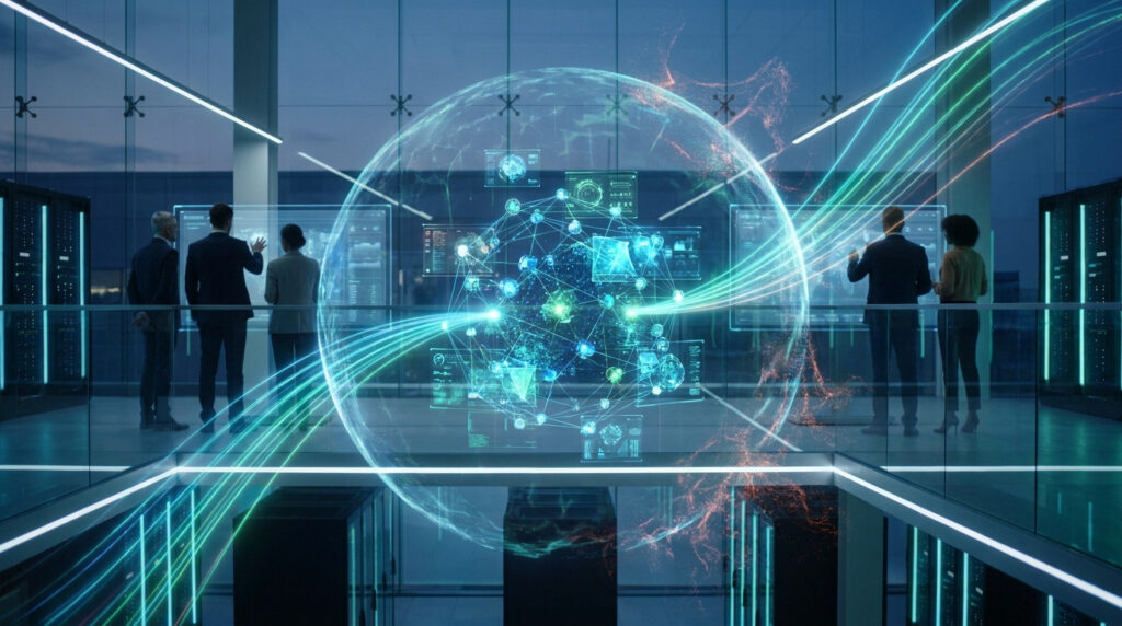 Équipe travaillant sur une interface numérique holographique dans un centre de données technologique.