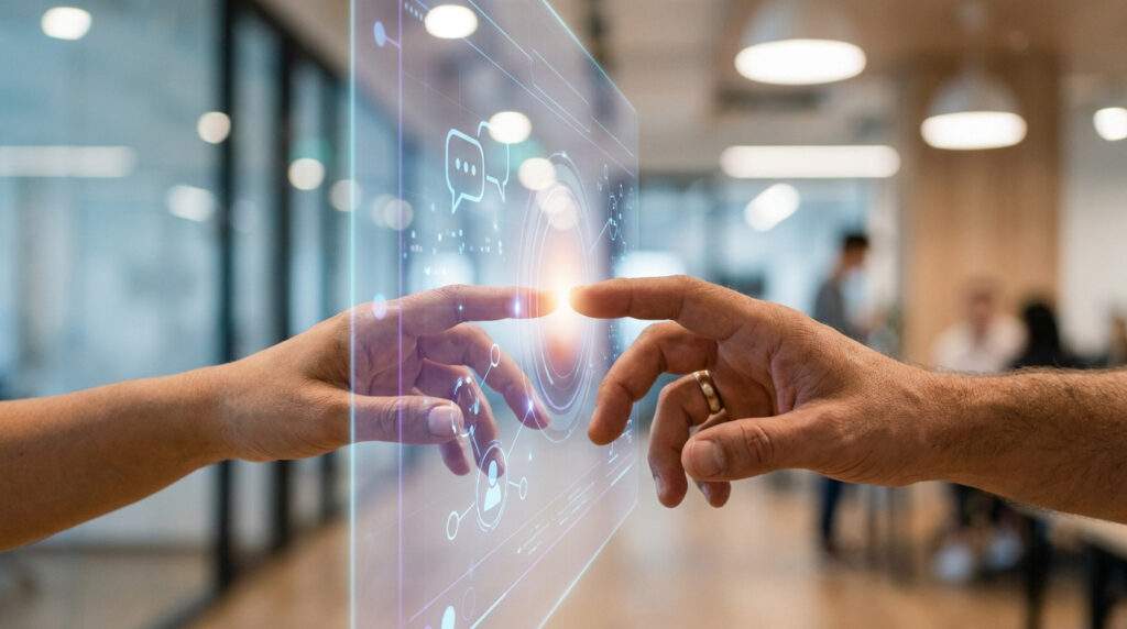 Deux mains touchent une interface numérique holographique futuriste représentant une conversation avec une IA.