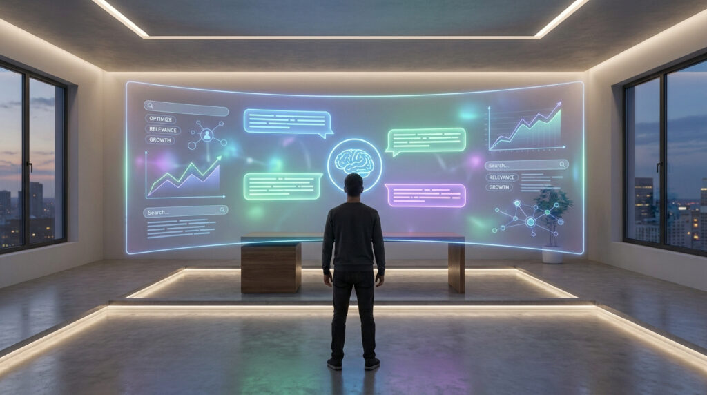 Un homme regarde un écran holographique futuriste affichant des données SEO et des bulles de discussion IA dans un bureau.