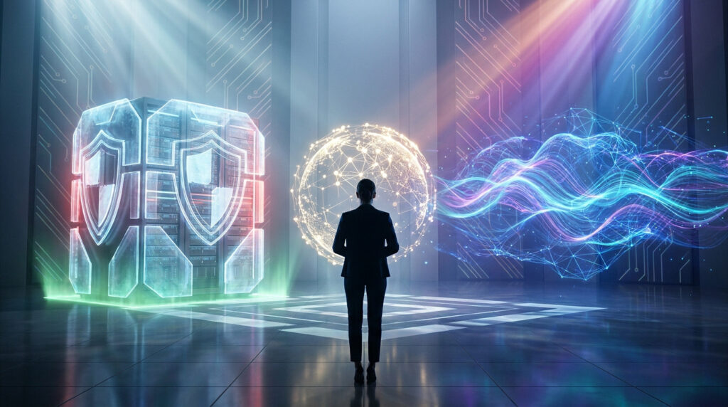 Une personne face à un serveur sécurisé et une visualisation holographique complexe représentant l'IA et les données.