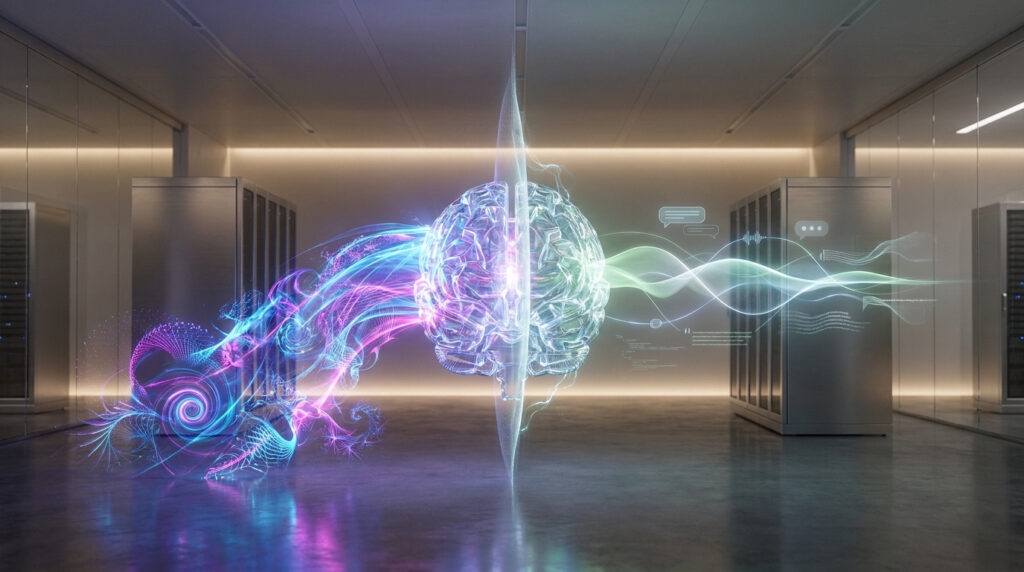 Représentation numérique d'un cerveau dans un centre de données avec des flux de lumière colorés.