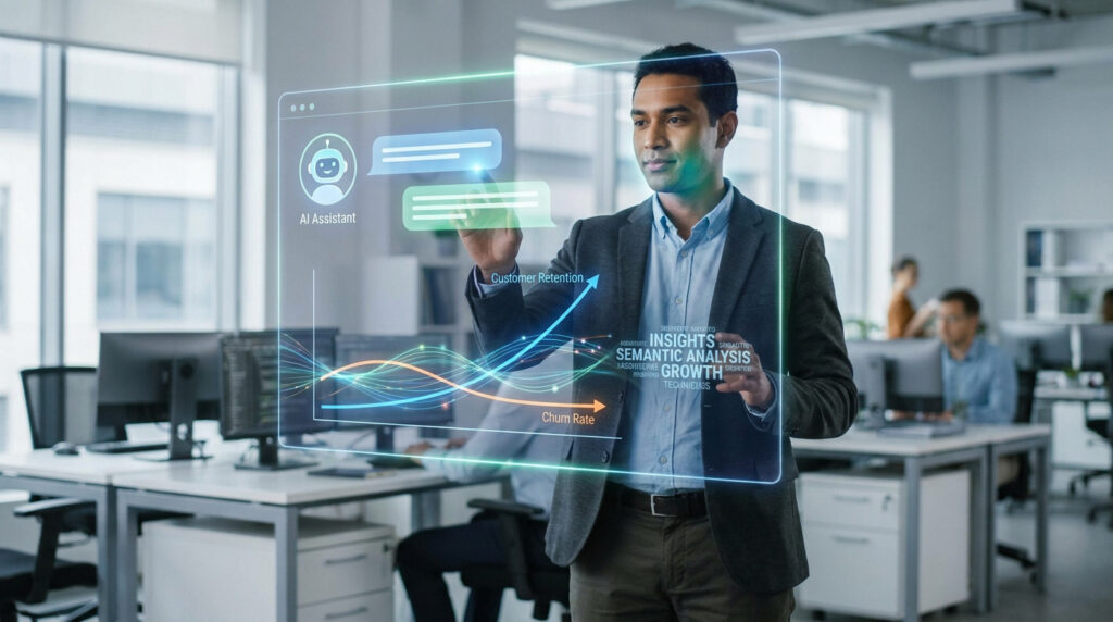 Un professionnel utilise une interface holographique affichant des données de rétention client et d'IA dans un bureau.