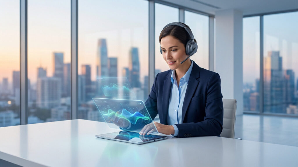 Une femme d'affaires avec un casque interagit avec des graphiques holographiques sur une tablette dans un bureau moderne.