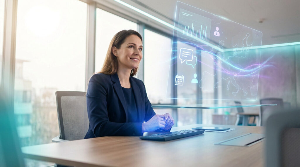 Une femme d'affaires sourit en consultant une interface holographique futuriste affichant des données RH et une carte.