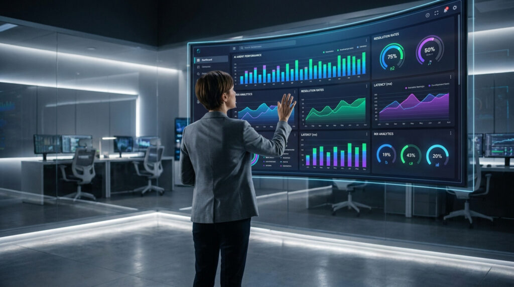 Une femme d'affaires interagissant avec un grand écran holographique affichant des données et des KPI d'IA.