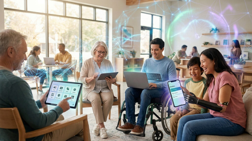 Des personnes de divers âges et capacités utilisant des technologies numériques avec des graphismes holographiques.