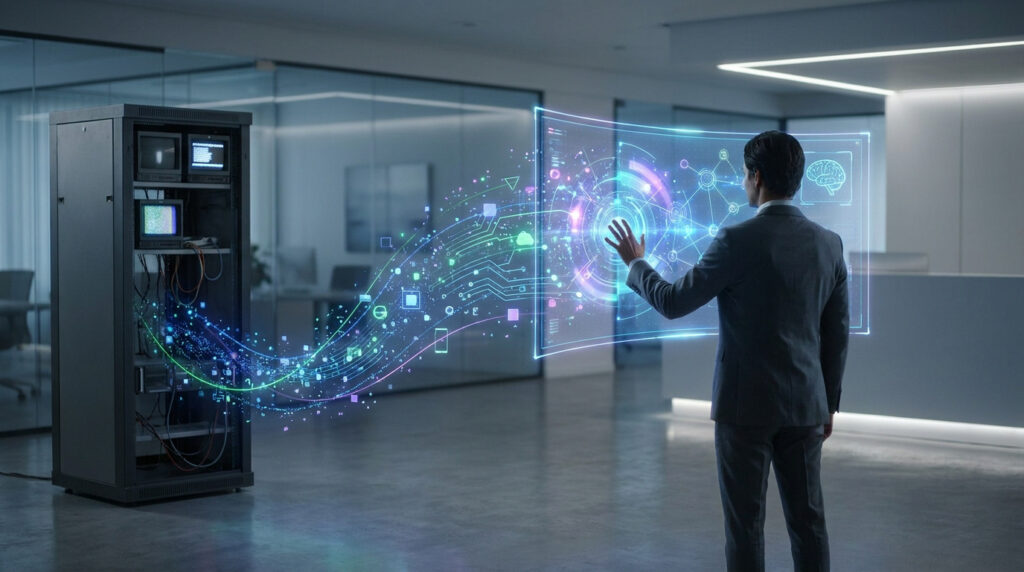 Un homme en costume interagissant avec une interface holographique reliée à une baie serveur informatique.