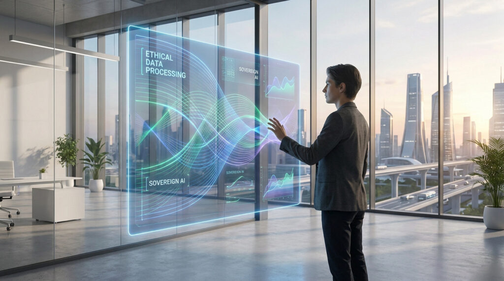 Un professionnel interagissant avec une interface holographique affichant des données et des graphiques sur l'IA éthique.