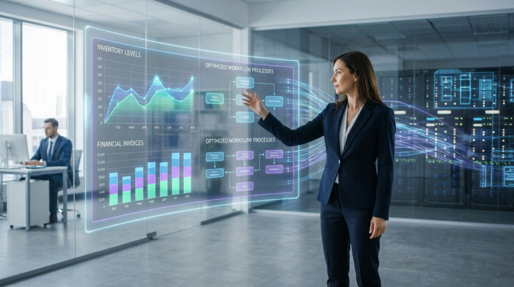 Une femme d'affaires utilise une interface holographique futuriste pour gérer les processus de son entreprise et son ERP.