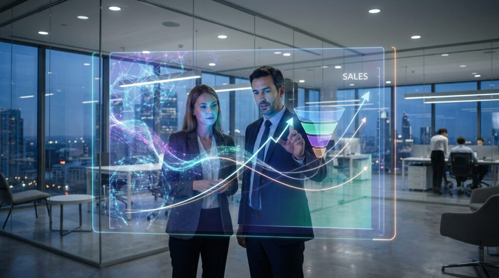 Deux professionnels dans un bureau moderne analysant un entonnoir de vente et des données en hologramme numérique.