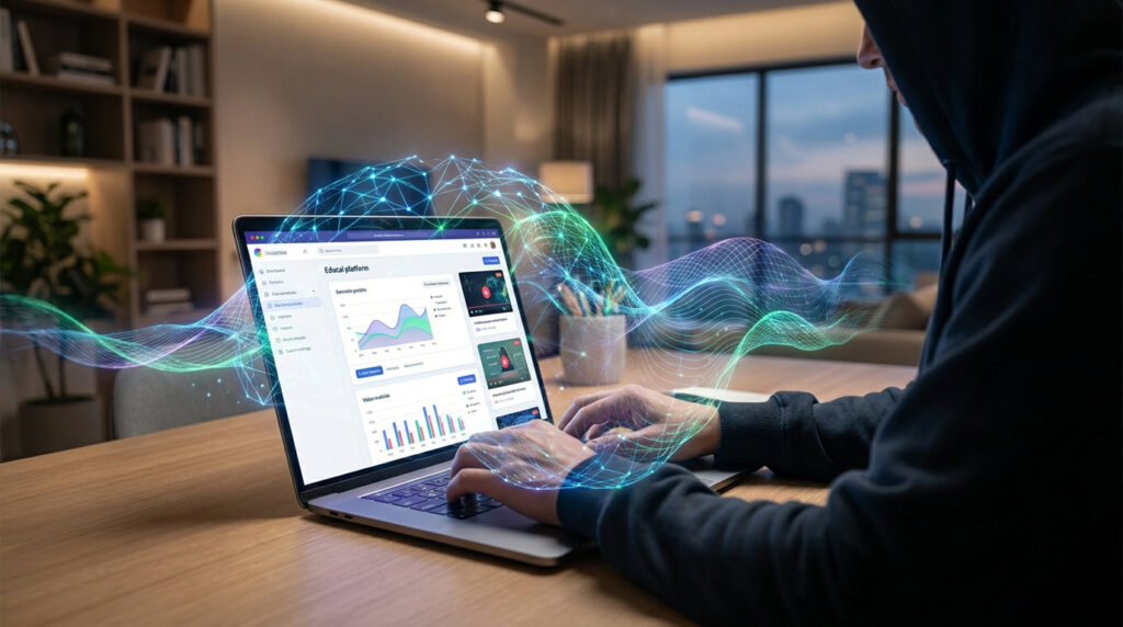Une personne utilisant un ordinateur portable dans un bureau moderne avec des visualisations de données holographiques.