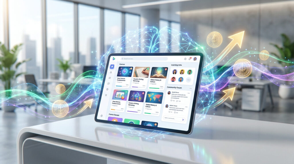 Tablette affichant une plateforme d'apprentissage en ligne avec une interface neuronale et des symboles de croissance.