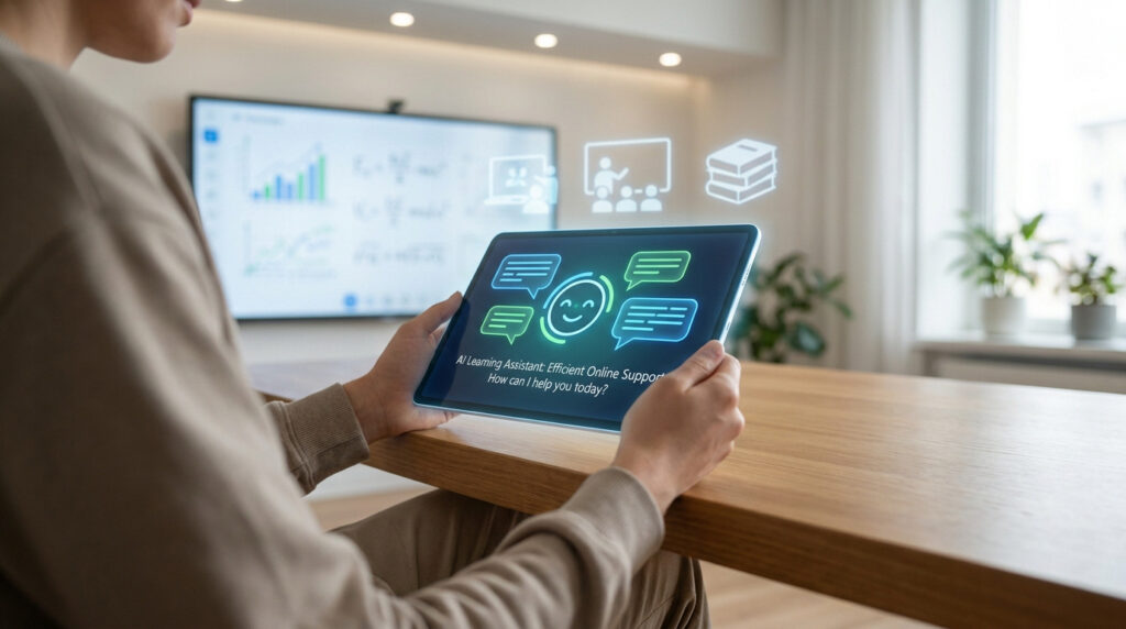 Personne utilisant une tablette affichant une interface d'assistance pédagogique par IA dans un bureau moderne.