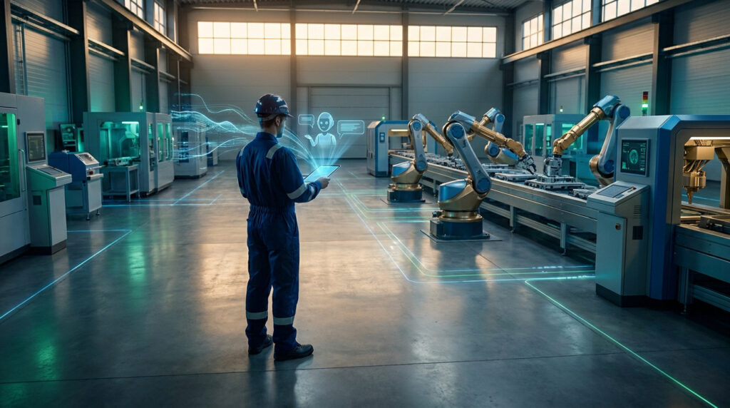 Un ouvrier utilise une tablette avec une interface IA dans une usine automatisée avec des bras robotisés.