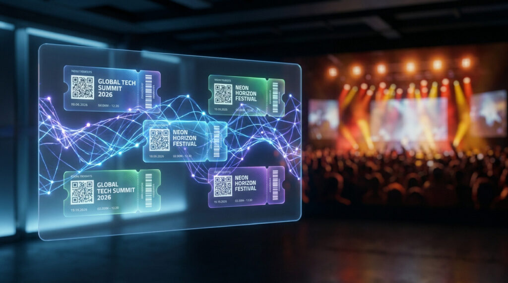 Tickets numériques flottants avec codes QR et réseau de données sur fond de salle de concert floue.