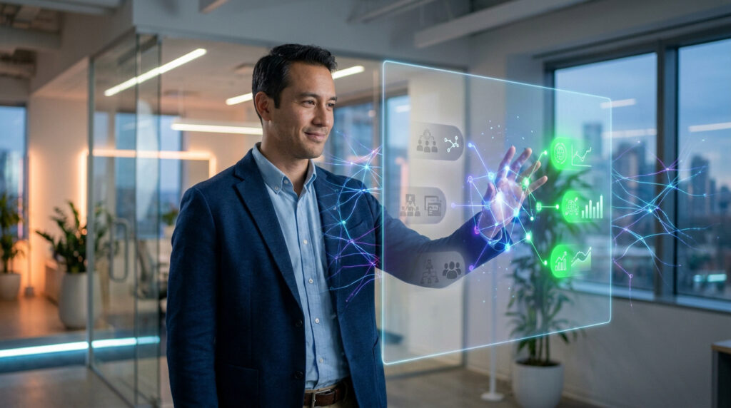 Un professionnel utilisant une interface holographique pour analyser des données clients dans un bureau moderne.