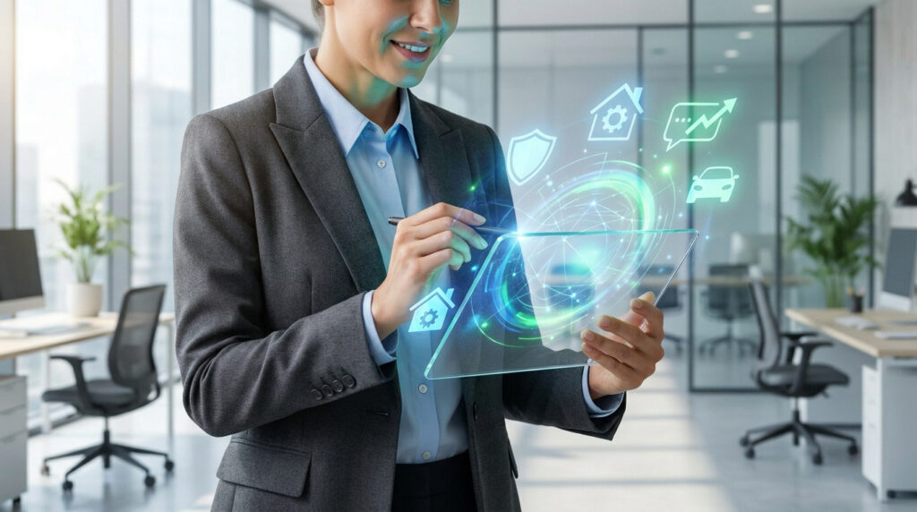 Une professionnelle utilisant une tablette holographique avec des icônes d'assurance dans un bureau moderne.