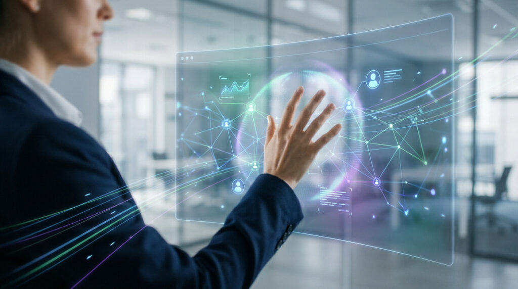 Une professionnelle interagissant avec une interface holographique numérique affichant des données et un réseau de contacts.