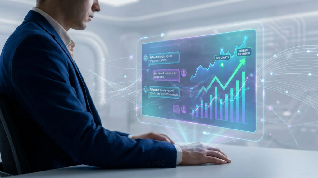 Un professionnel utilisant une interface holographique affichant des données de croissance et de l'IA conversationnelle.