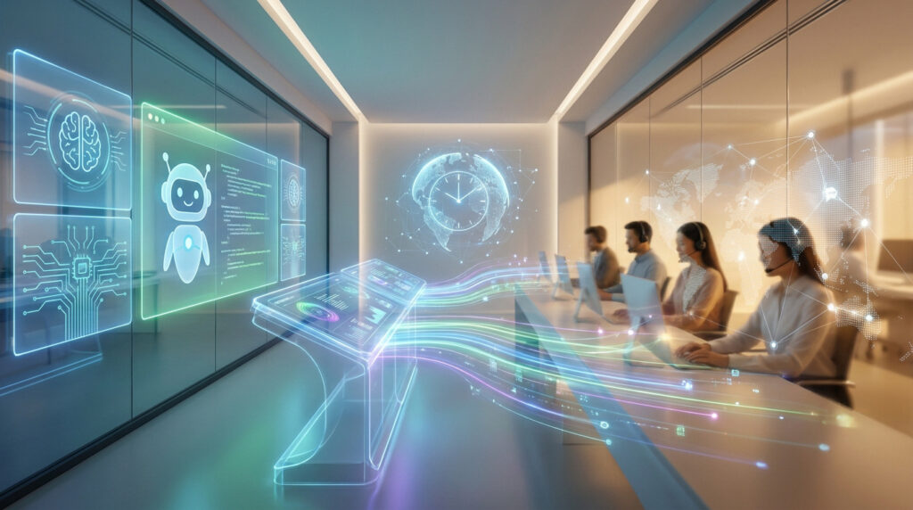 Bureau moderne avec des employés et des interfaces holographiques de chatbot et de données numériques.