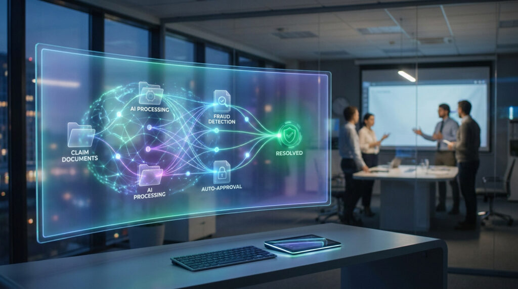 Interface holographique montrant le processus d'automatisation des réclamations par l'IA dans un bureau moderne.