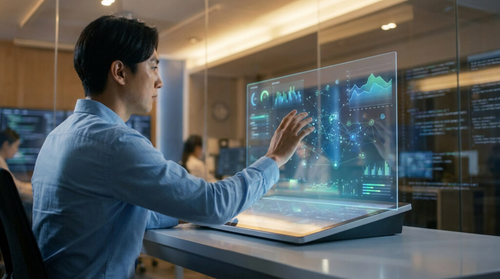 Un professionnel utilisant une interface holographique futuriste pour analyser des données complexes en entreprise.