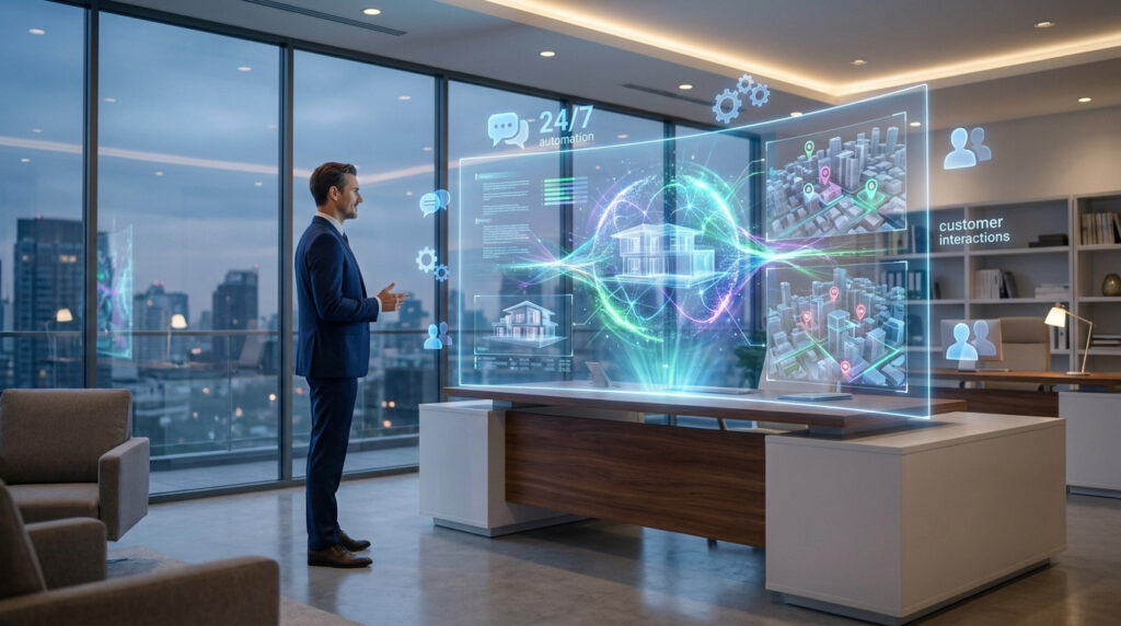 Un homme d'affaires interagissant avec un écran holographique affichant des données immobilières et des icônes d'IA.