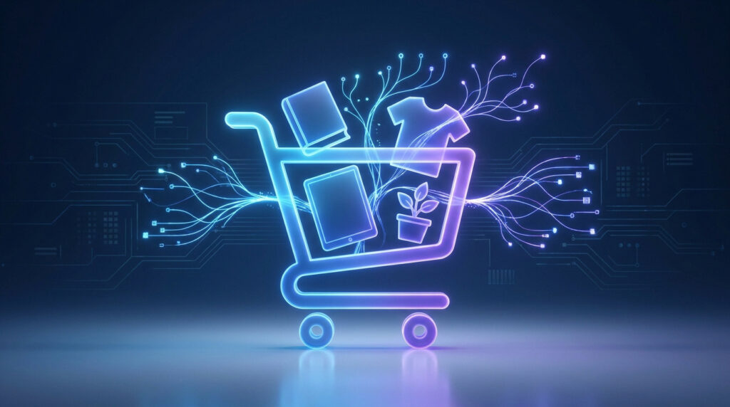 Icône de caddie néon brillant sur fond technologique numérique illustrant le cross-selling par intelligence artificielle.