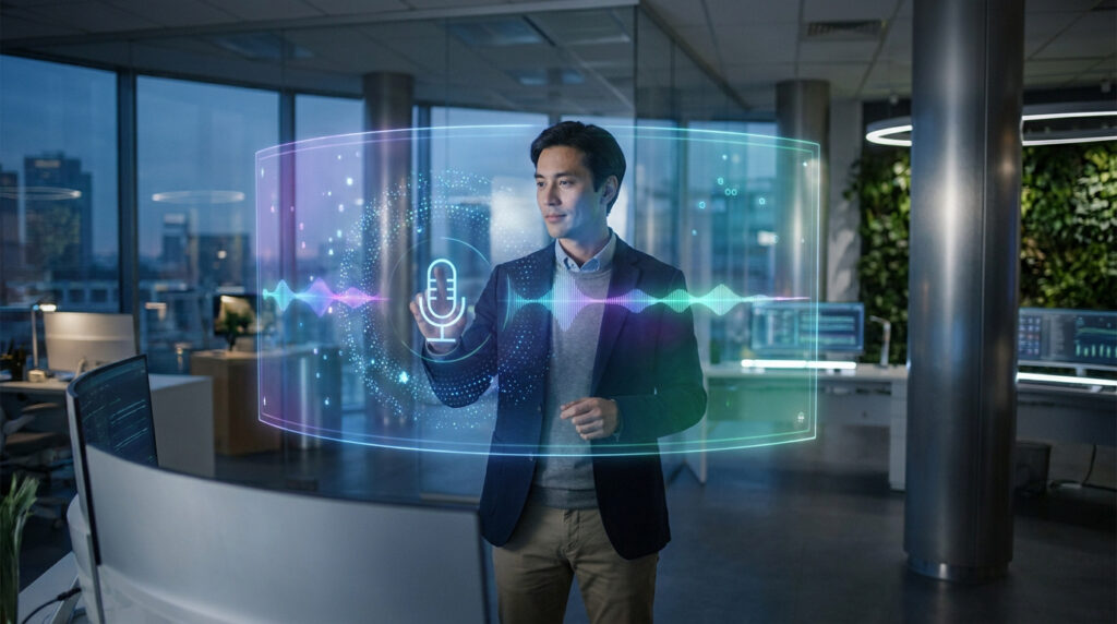 Un homme d'affaires interagissant avec une interface numérique holographique affichant une icône de micro et une onde sonore.
