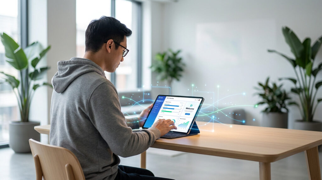 Un homme utilise une tablette numérique pour configurer un processus d'onboarding SaaS assisté par une intelligence artificielle.