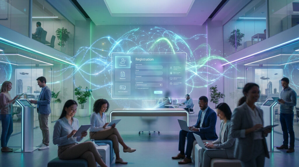 Bureau moderne avec des professionnels utilisant des tablettes et une interface holographique d'inscription en ligne.