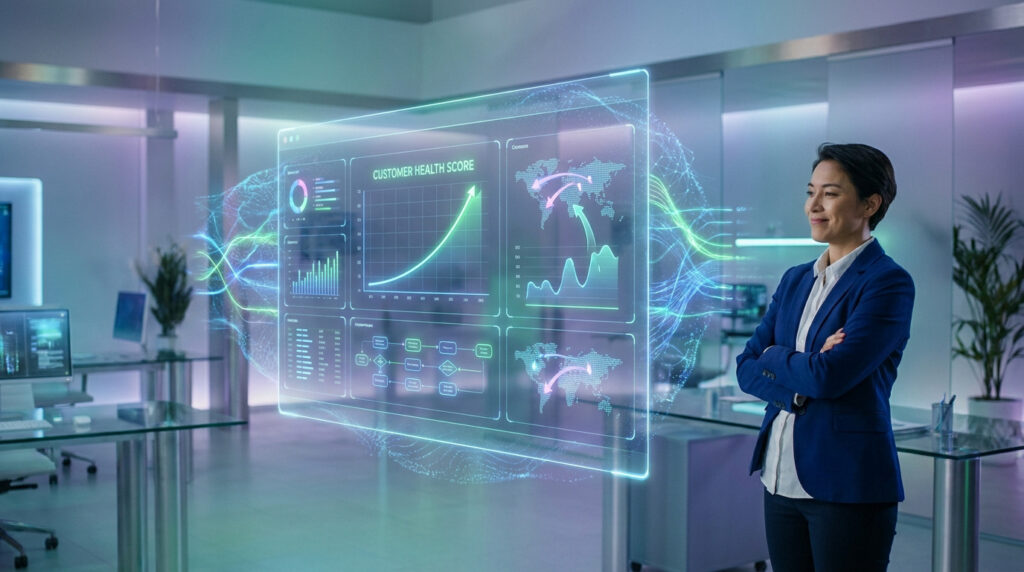 Une femme d'affaires regarde un tableau de bord holographique affichant des données de satisfaction client dans un bureau.
