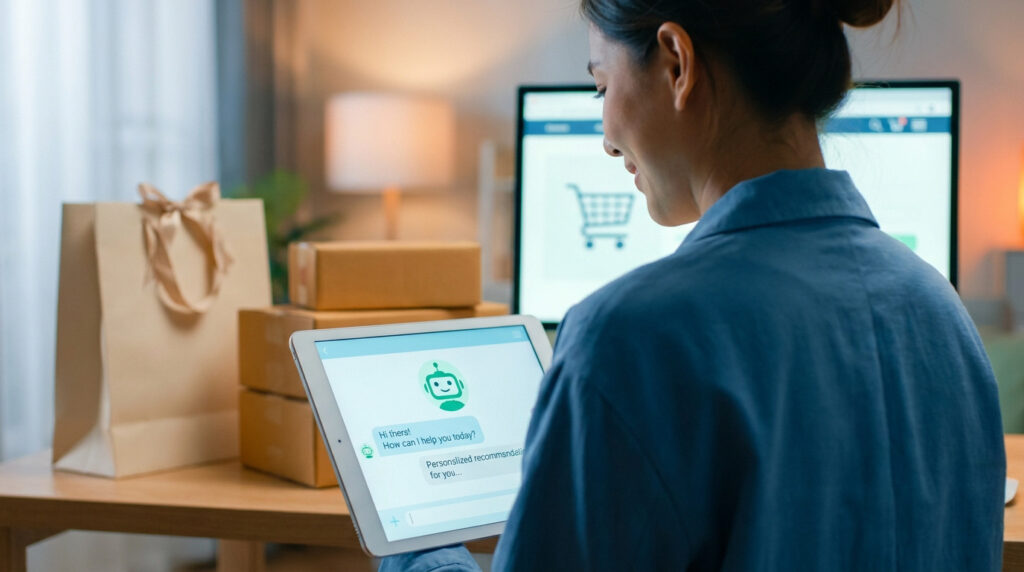 Une femme utilisant une tablette pour gérer un chat IA sur un site e-commerce avec des colis en arrière-plan.