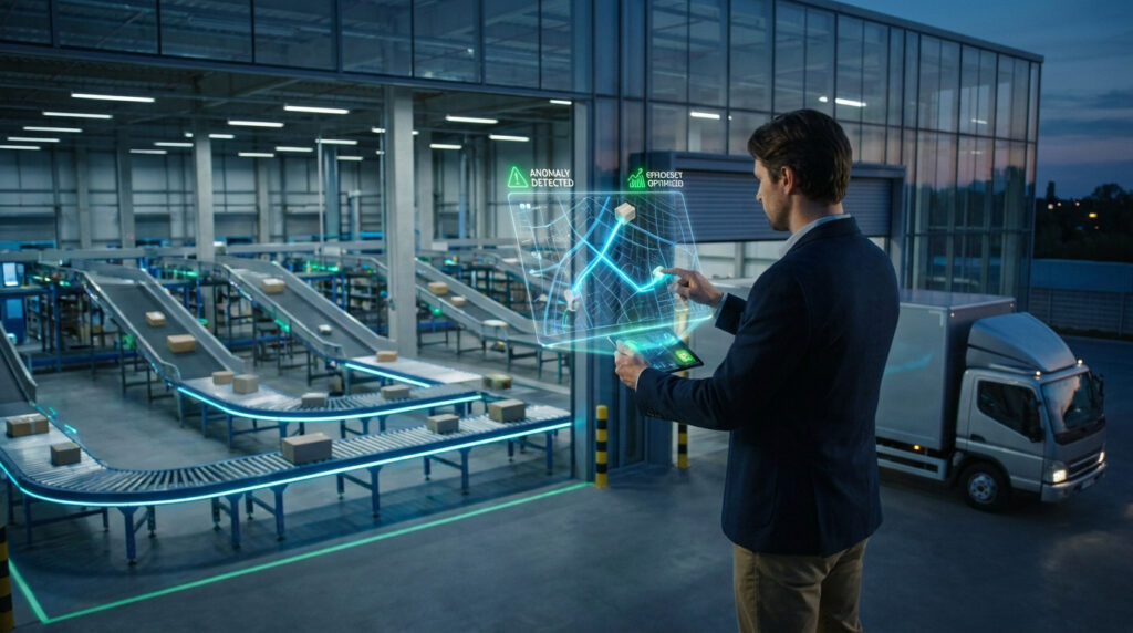 Un gestionnaire utilise une interface holographique pour surveiller les flux logistiques d'un entrepôt automatisé.