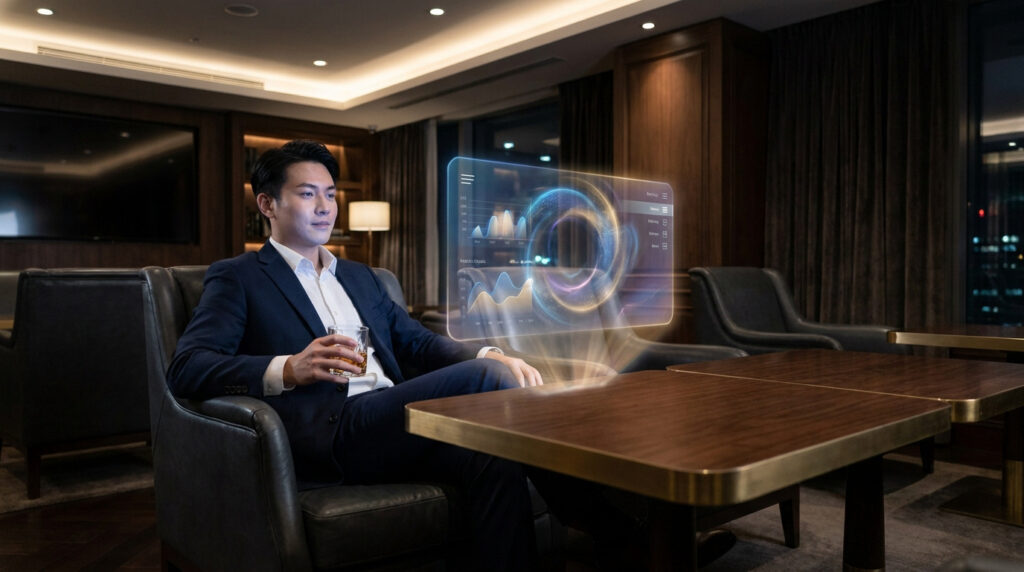 Un homme d'affaires élégant dans un salon luxueux regarde une interface holographique futuriste affichant des données.