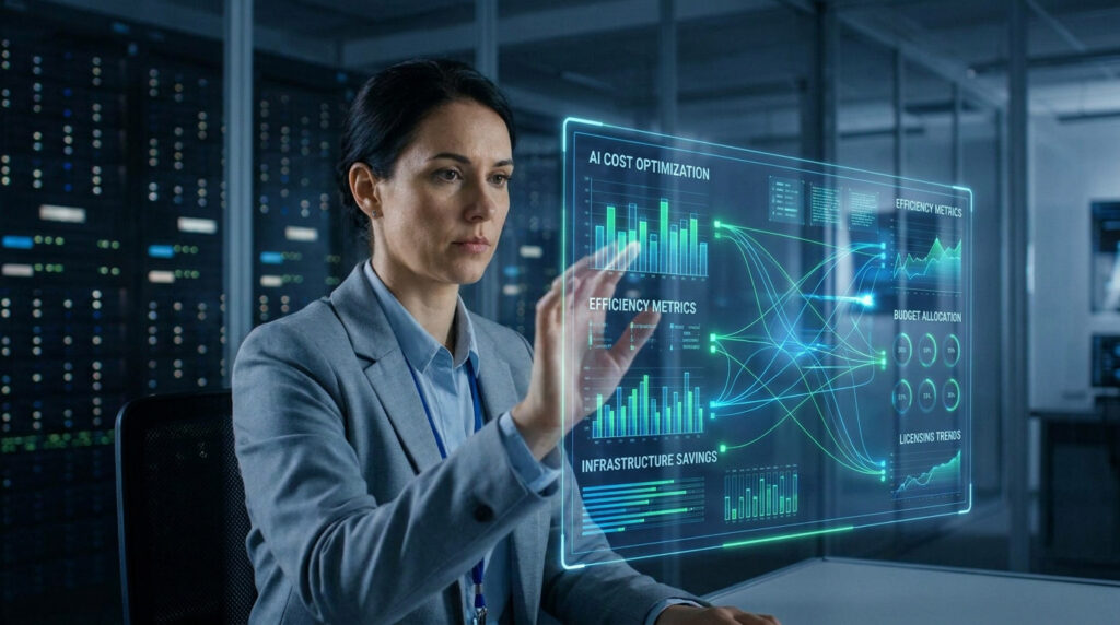 Une ingénieure système interagissant avec une interface holographique affichant des données d'optimisation des coûts IA.