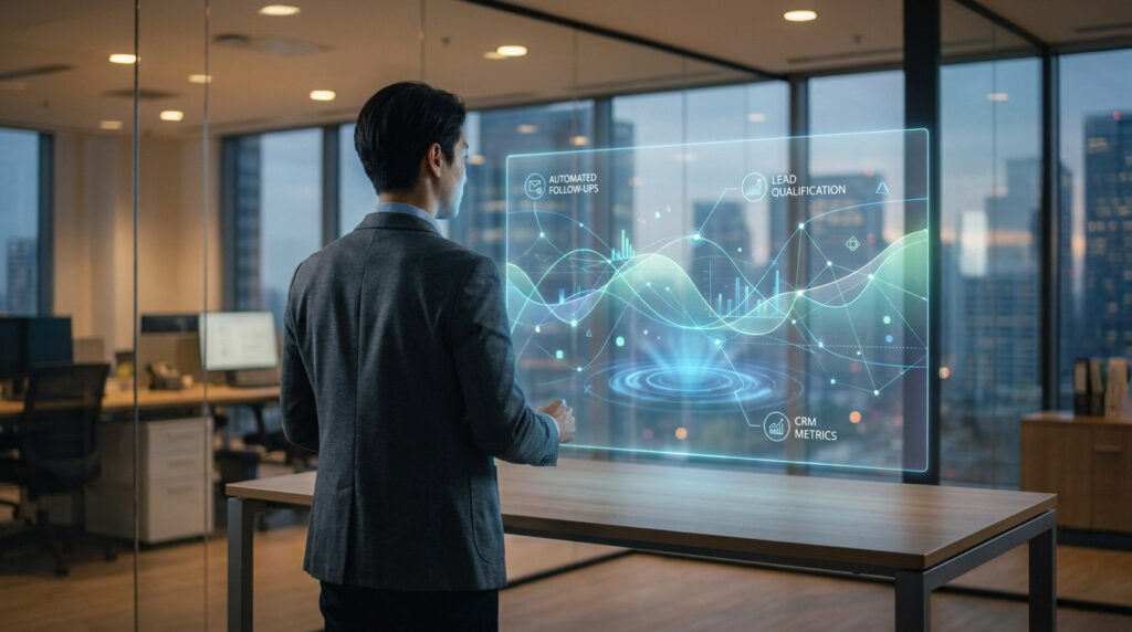 Un homme d'affaires utilisant une interface holographique futuriste affichant des données de vente en entreprise.