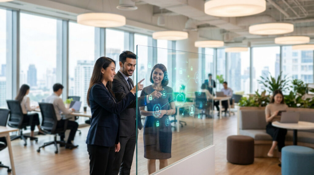 Professionnels interagissant avec une interface numérique holographique dans un bureau moderne.