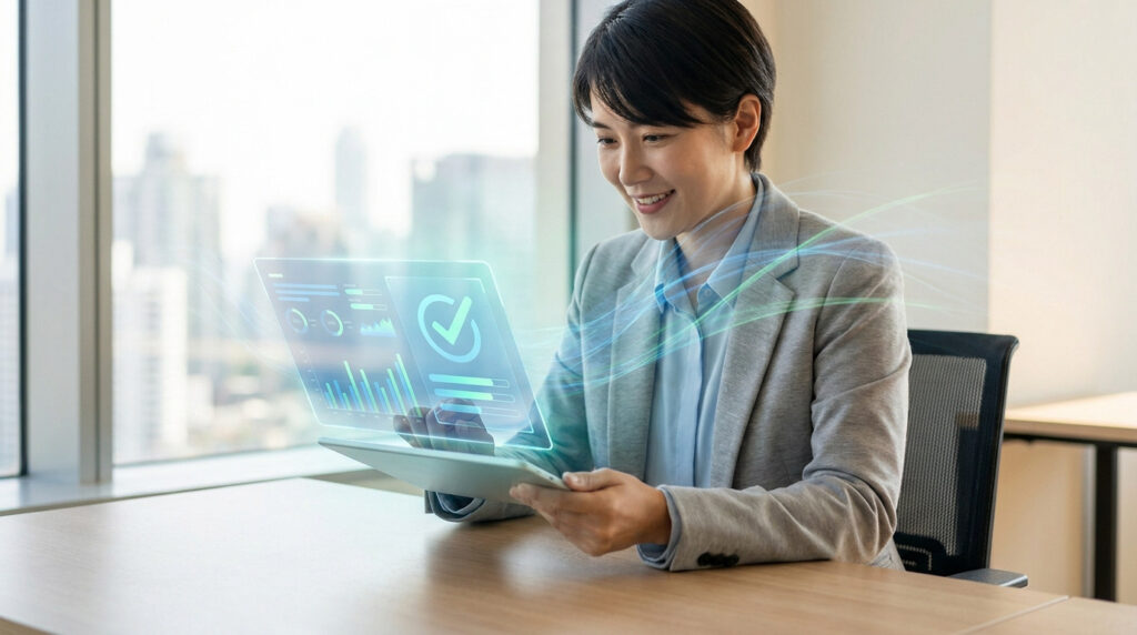 Une femme d'affaires utilisant une tablette affichant des données et graphiques numériques holographiques futuristes.